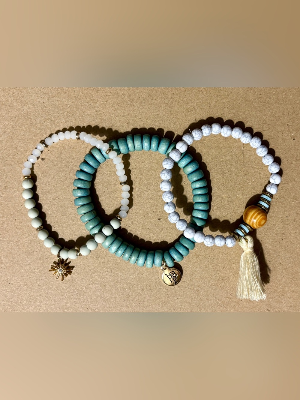 Bourbon and Boweties 3-Piece Bracelet Stack Blue Mint Tassel Sunburst Beaded